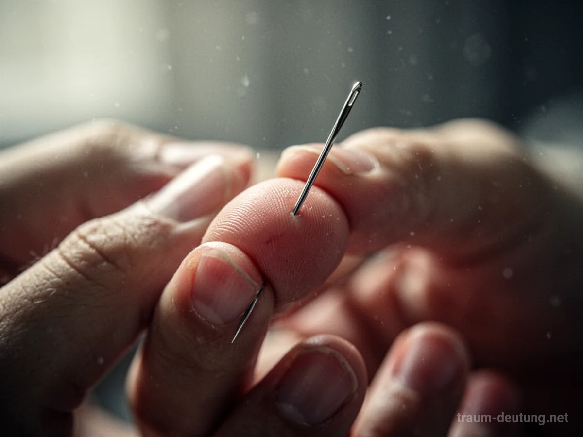 Eine Nadel steckt im Finger einer Hand.