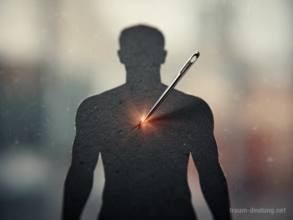 Silhouette eines Körpers, durch den eine Nadel sticht, mit leichtem Leuchten am Eintrittspunkt.