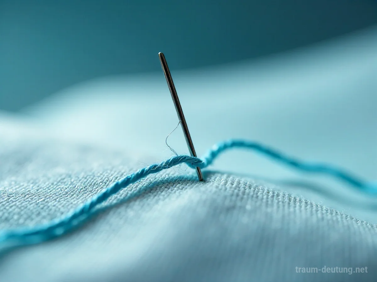Eine Nadel mit einem blauen Faden über einem Stoff