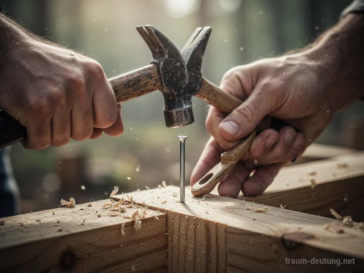 Hand hämmert einen Nagel in Holz
