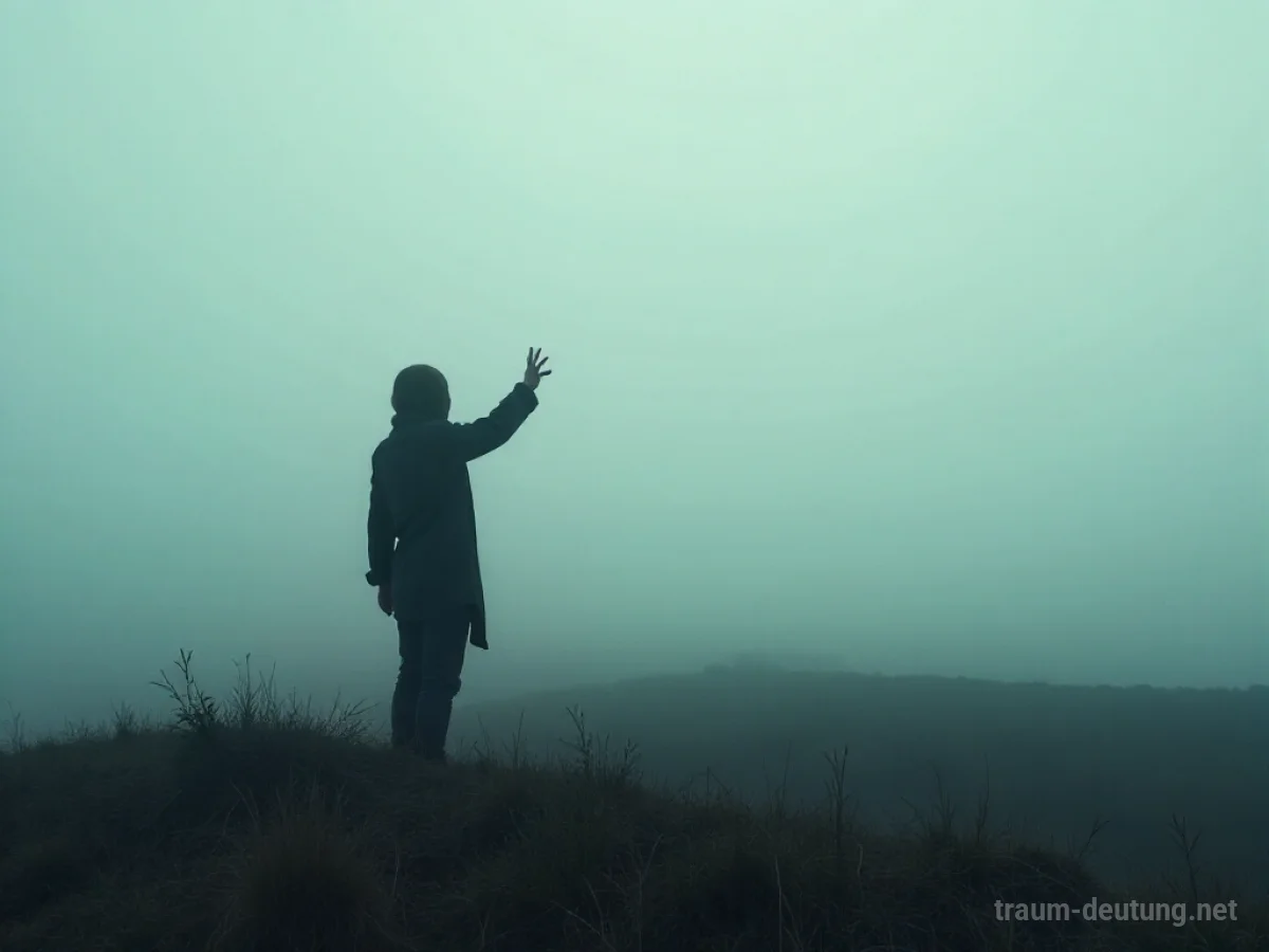Eine Person mit verdecktem Gesicht steht in Nebel und streckt die Hand aus.