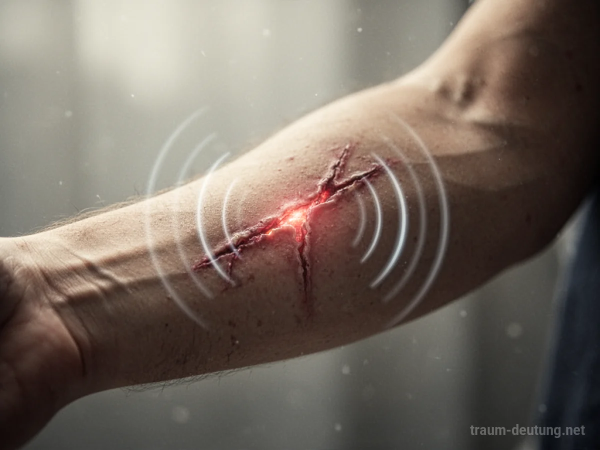 Eine leuchtende Narbe am Arm, aus der feine Wellenlinien aufsteigen.