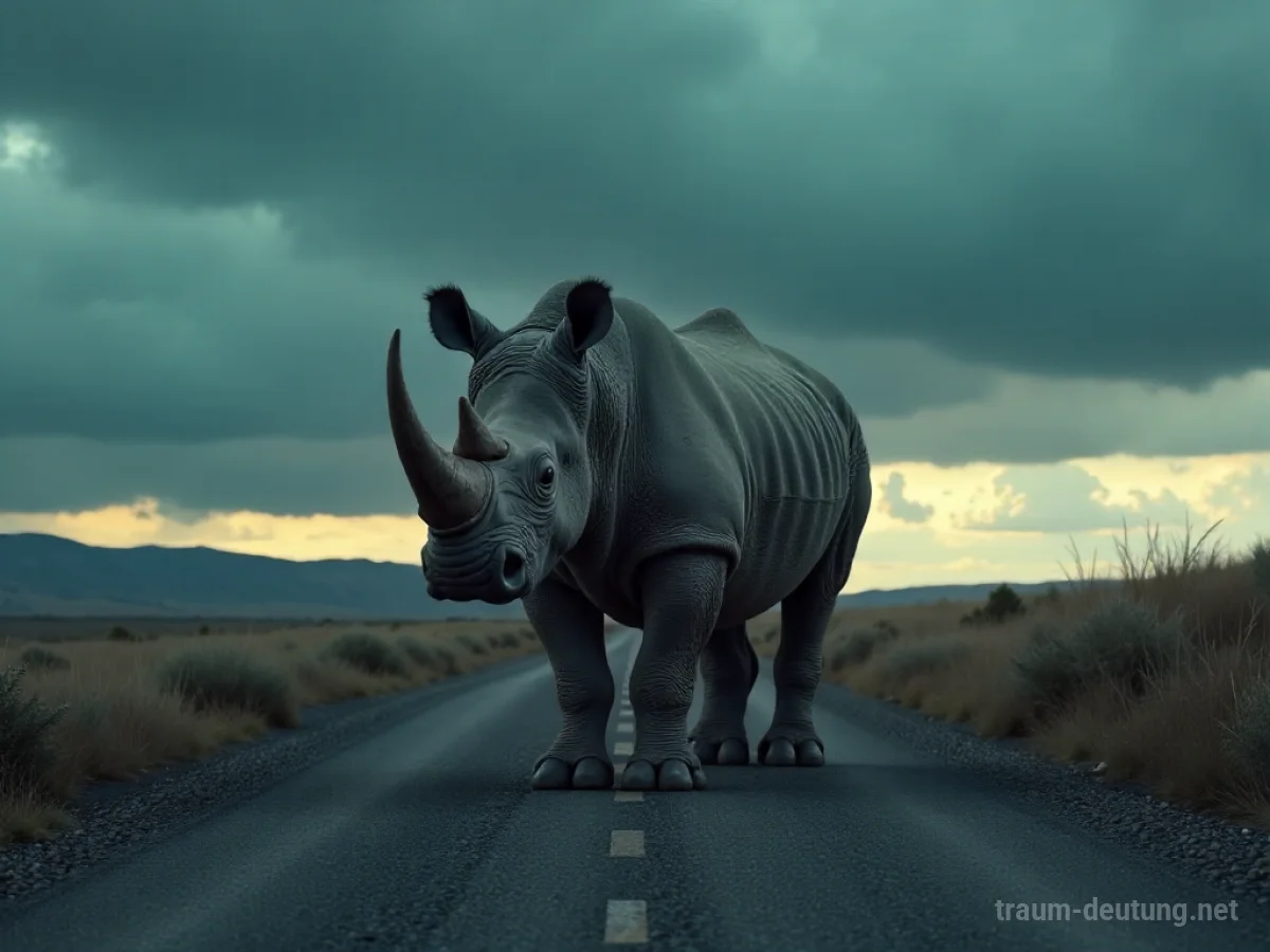 Ein Nashorn steht auf einer Straße in einer surrealen Landschaft.