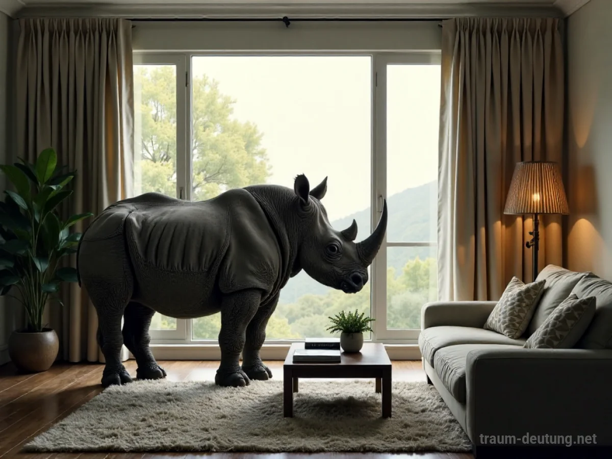Nashorn steht in einem Wohnzimmer vor einem Fenster