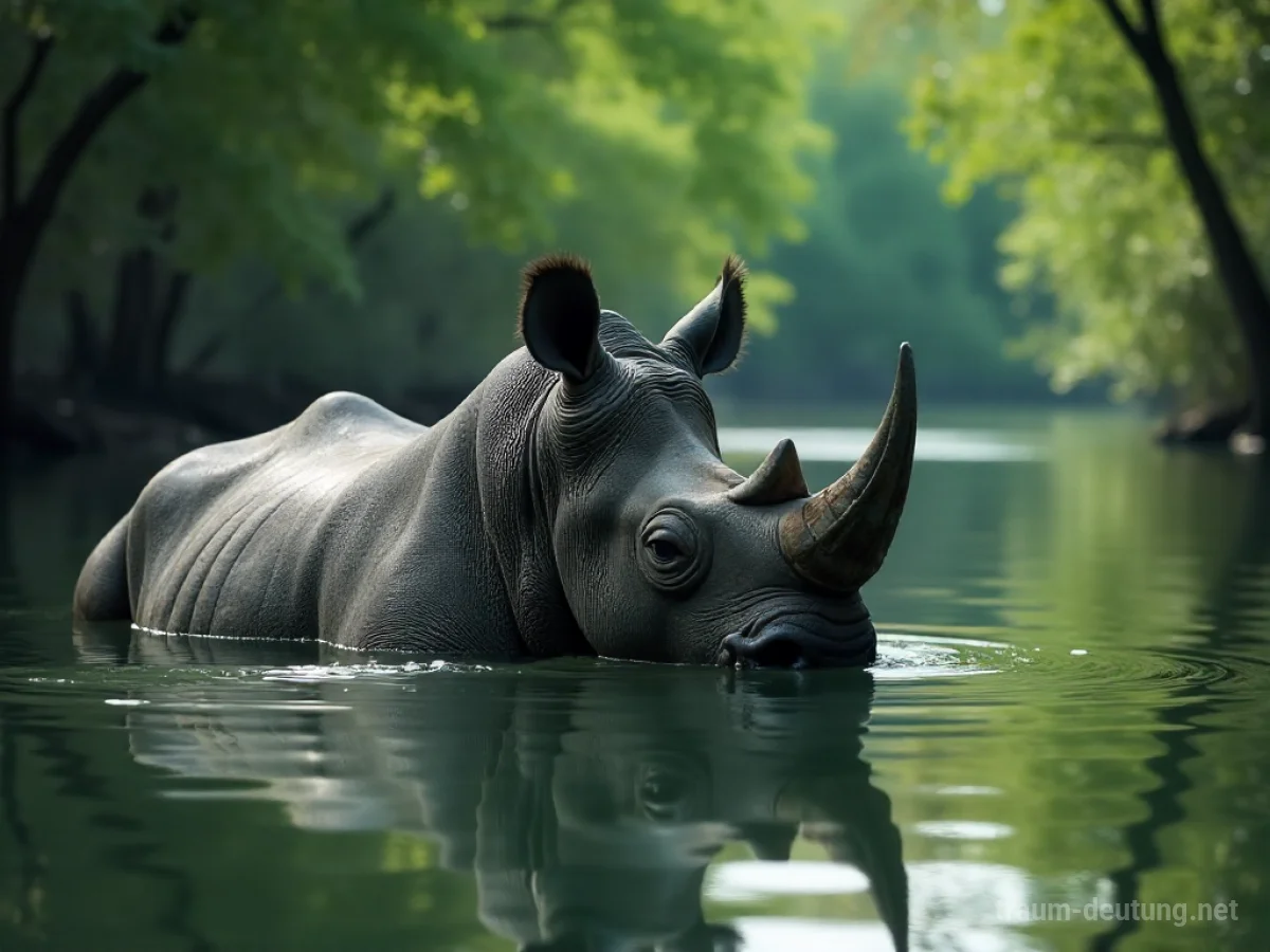 Nashorn ragt mit Horn aus ruhigem Wasser