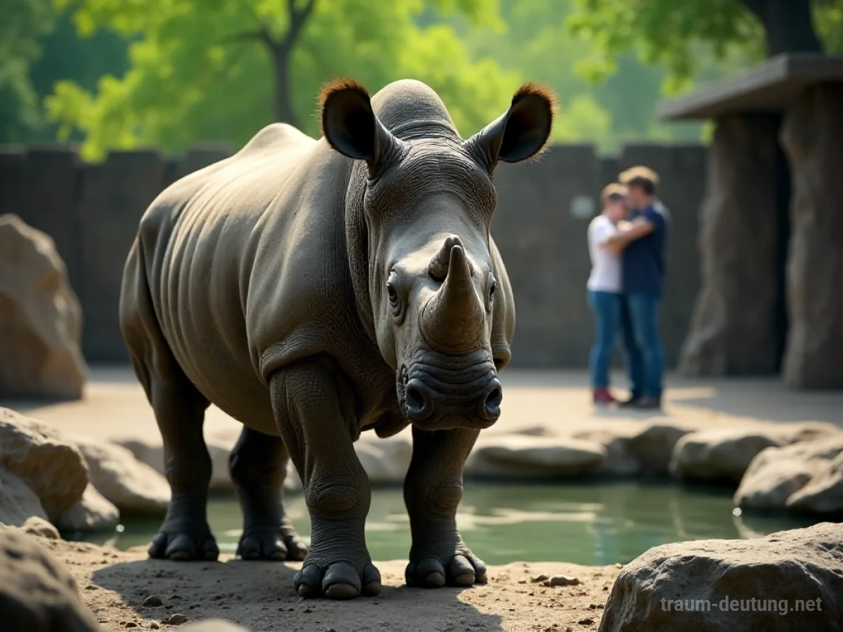 Nashorn steht in einem Gehege im Zoo und blickt nachdenklich nach draußen.