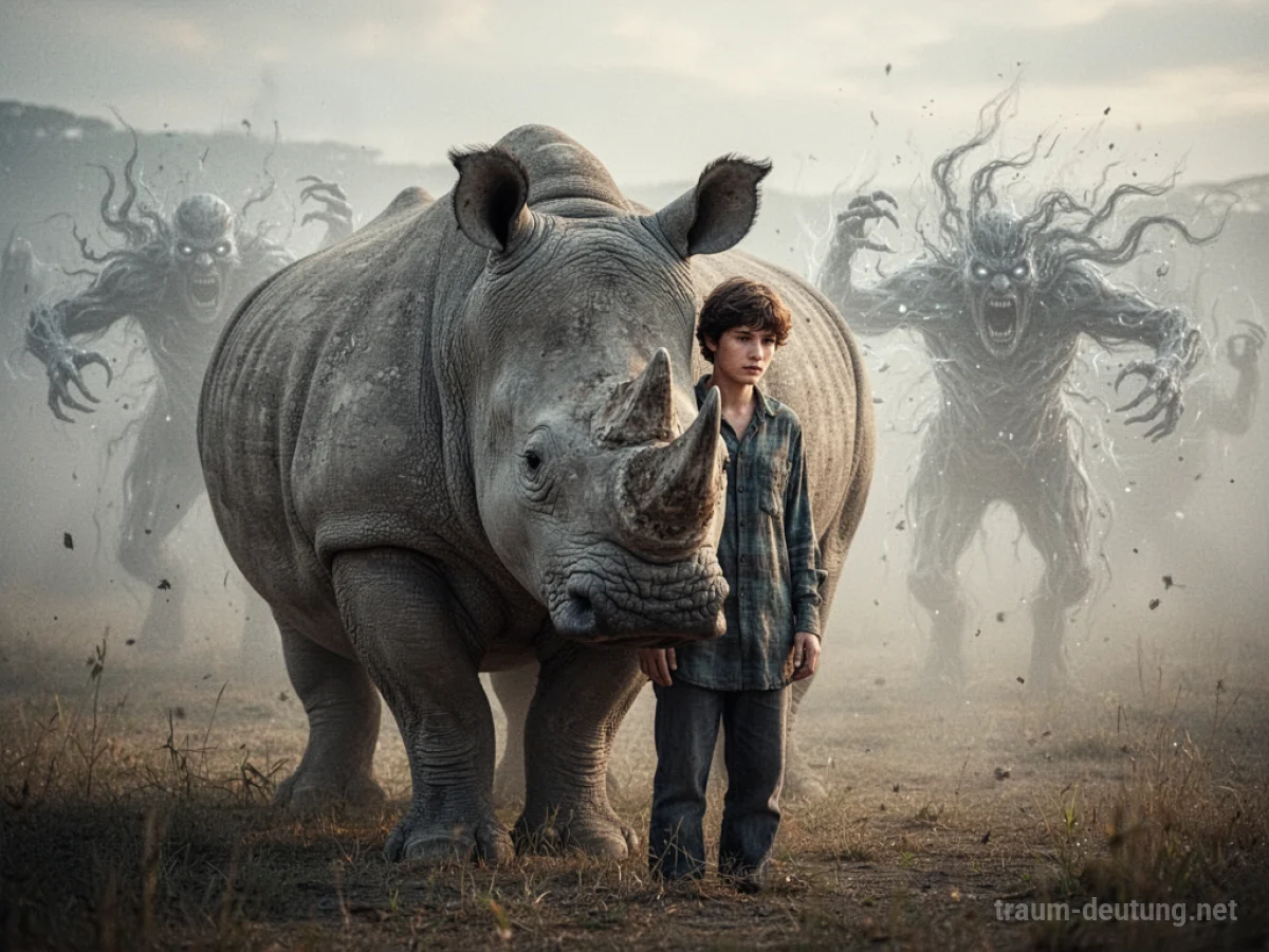 Ein Nashorn steht schützend vor einer Person.