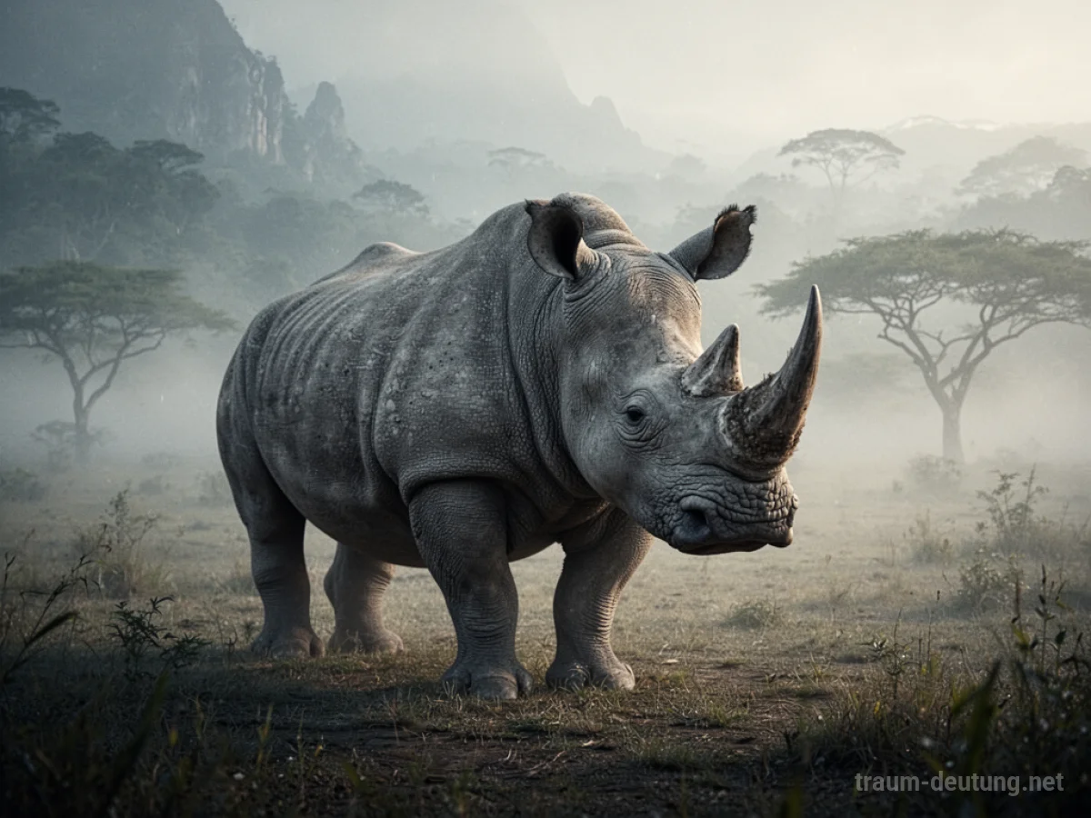 Nashorn steht in einer nebligen Landschaft