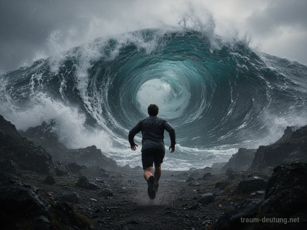 Person flieht vor einer gewaltigen Naturkraft wie einer Welle oder einem Sturm