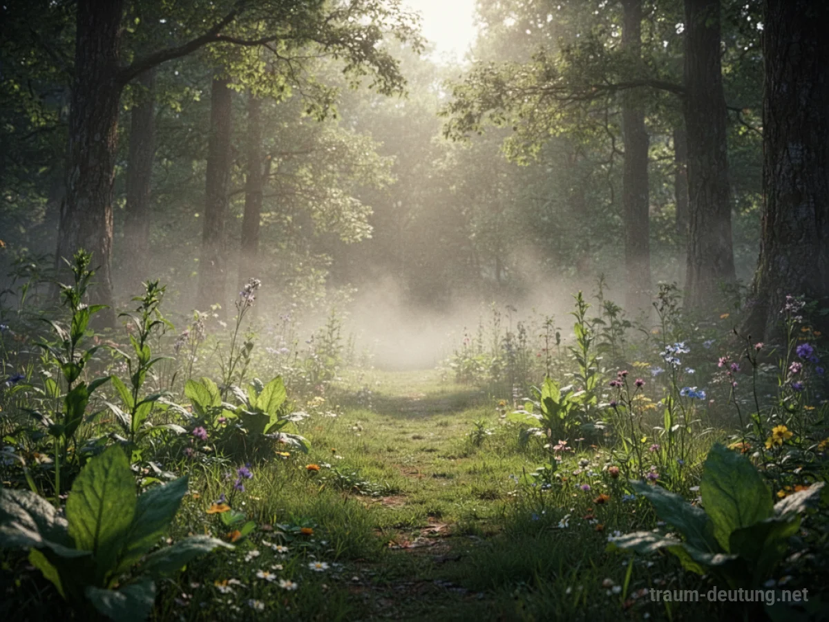 Eine sonnendurchflutete Waldlichtung mit sanftem Nebel und üppiger Vegetation.