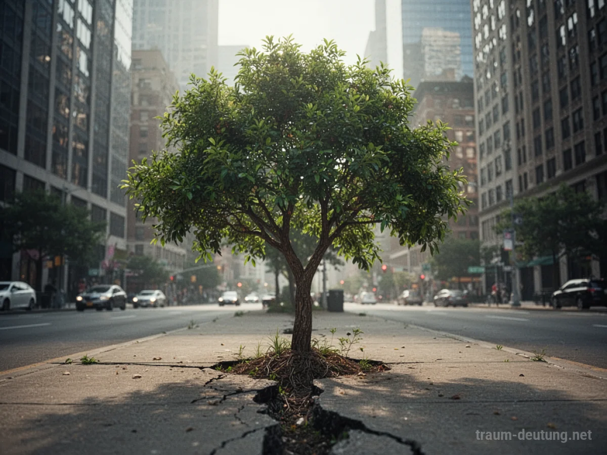 Ein Baum wächst aus dem Asphalt in einer städtischen Umgebung.