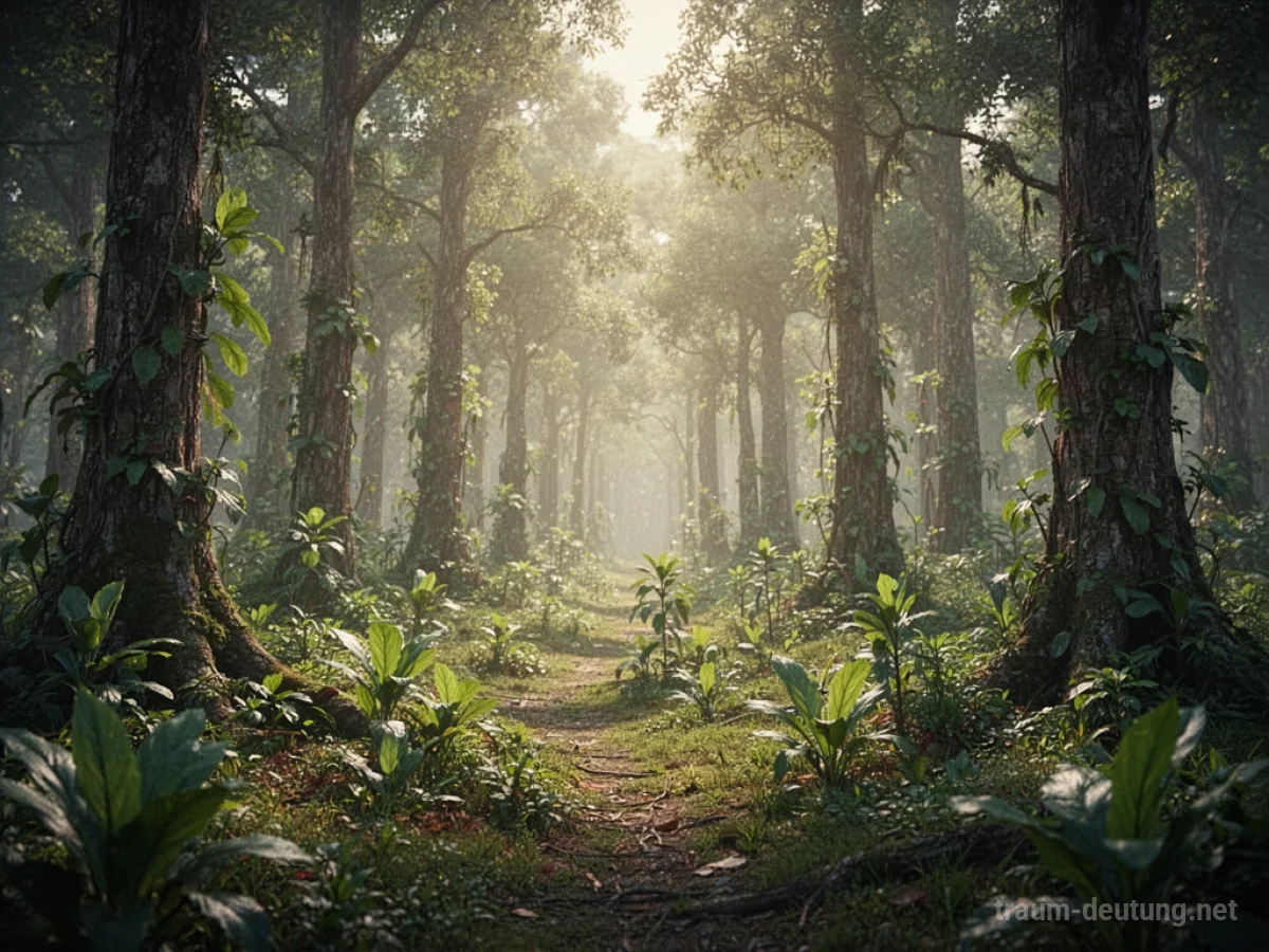 Schnell wachsende Pflanzen und Bäume in einem sonnenbeschienenen Wald.