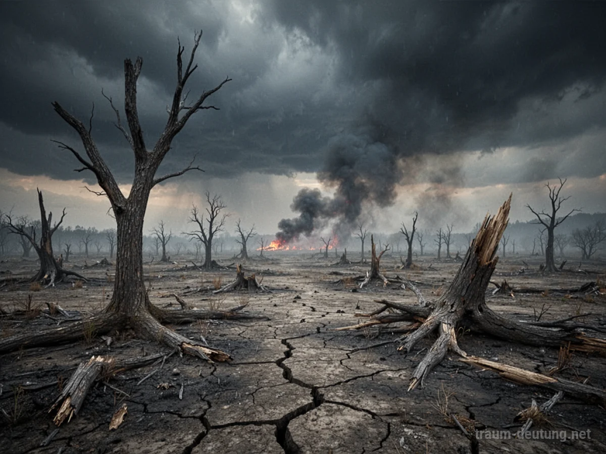 Zerstörte Naturlandschaft mit gebrochenen Bäumen und rissigem Boden unter düsterem Himmel.