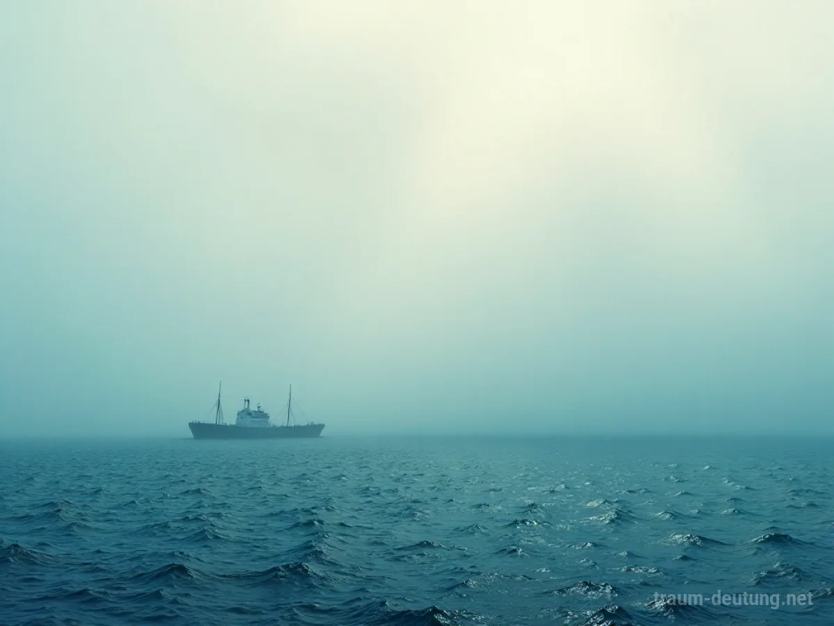 Dichter Nebel am Meer mit unscharfen Schiffssilhouetten am Horizont.
