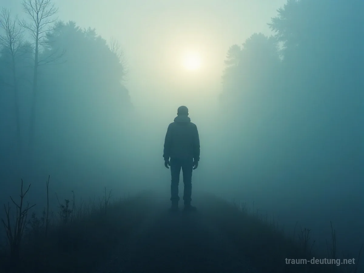 Silhouetten einer Person, die in dichtem Nebel steht und deren Sicht vollständig eingeschränkt ist.