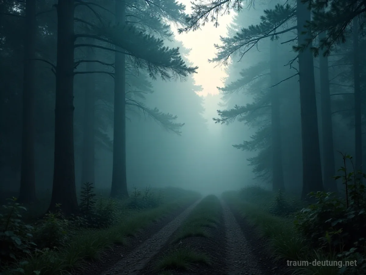 Dichter Nebel verhüllt einen Pfad im Wald, schwaches Sonnenlicht dringt hindurch.