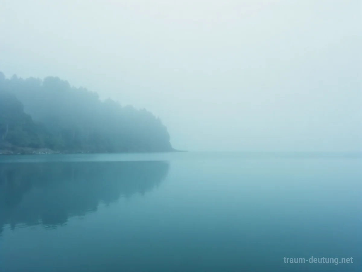 Dichter Nebel liegt auf ruhigem Wasser, die ferne Küste ist kaum sichtbar.