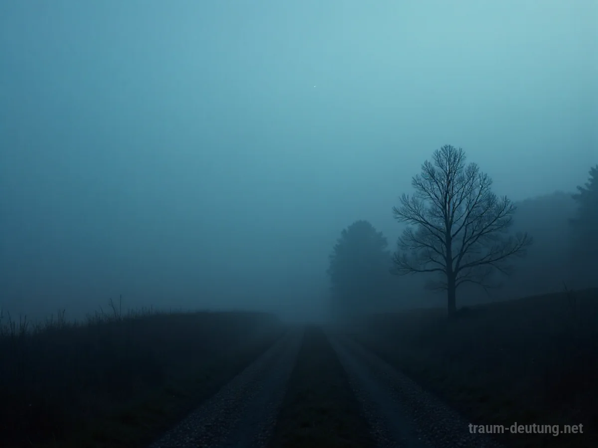 Dichter Nebel, der sich über eine dunkle Landschaft legt und den Weg verdeckt.