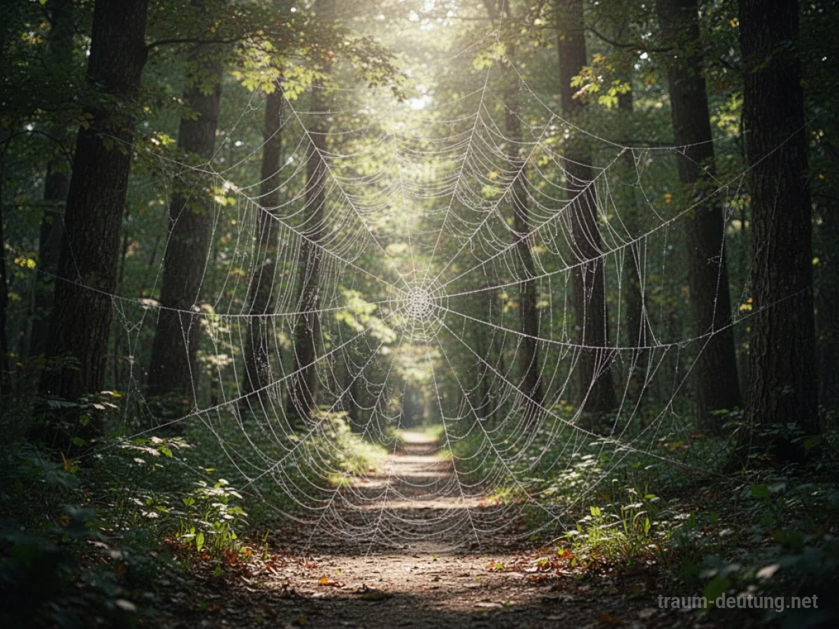 Ein dichtes Netz versperrt einen Weg im Wald.