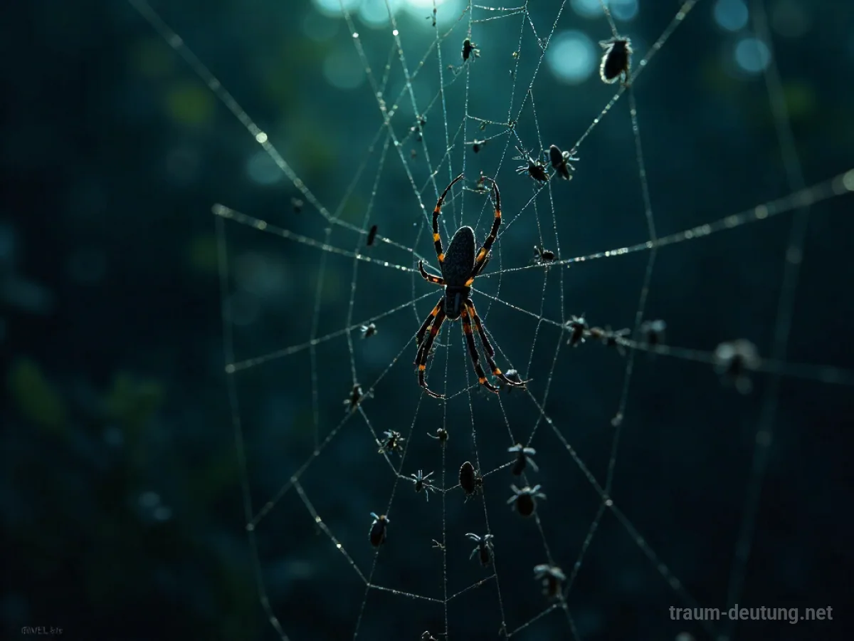 Ein dichtes Netz mit vielen kleinen Insekten, die sich darin verfangen haben.