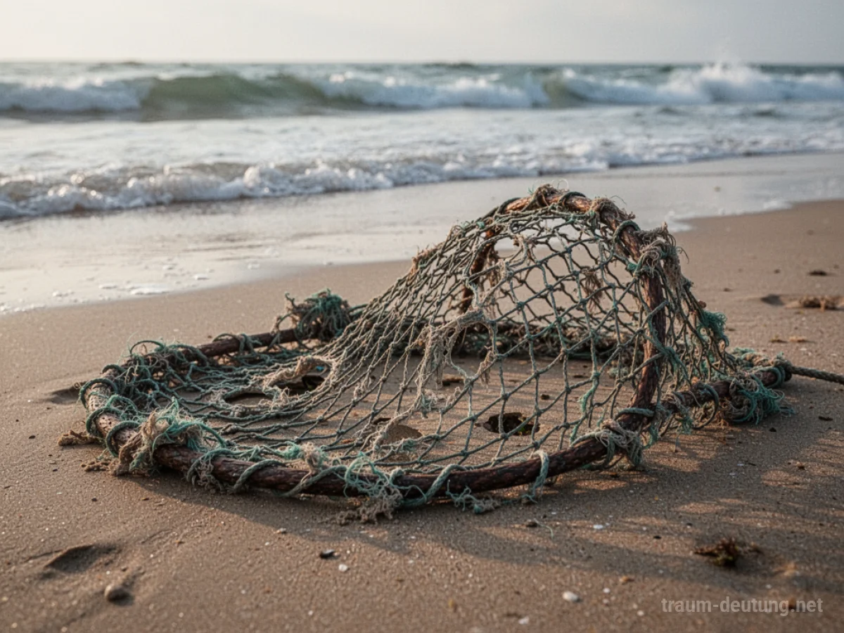 Ein zerfetztes Fischernetz am Strand mit Wellen im Hintergrund.