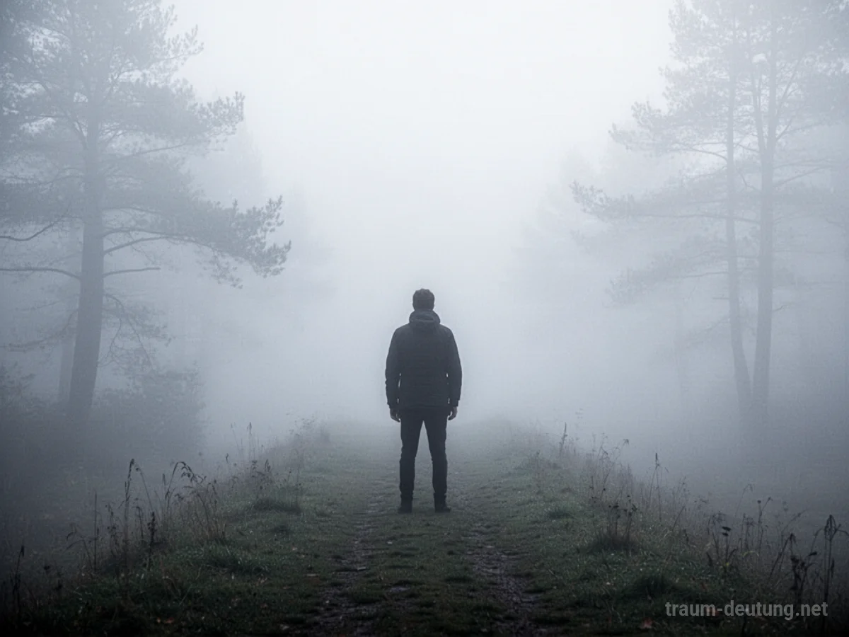 Silhouette einer Person am Rand dichten Nebels, die den Weg nicht sehen kann.