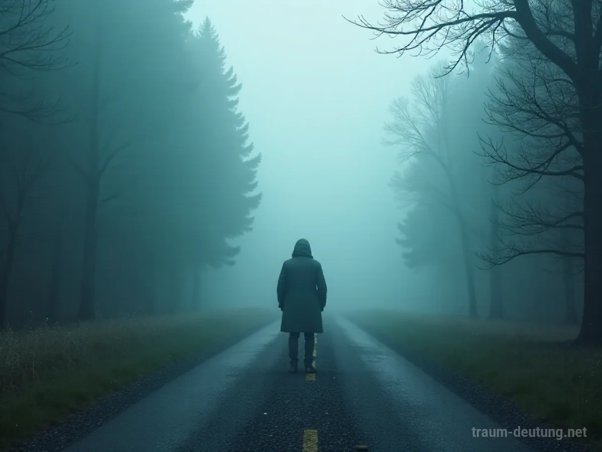 Eine Person steht in dichtem Nebel an einer Weggabelung.