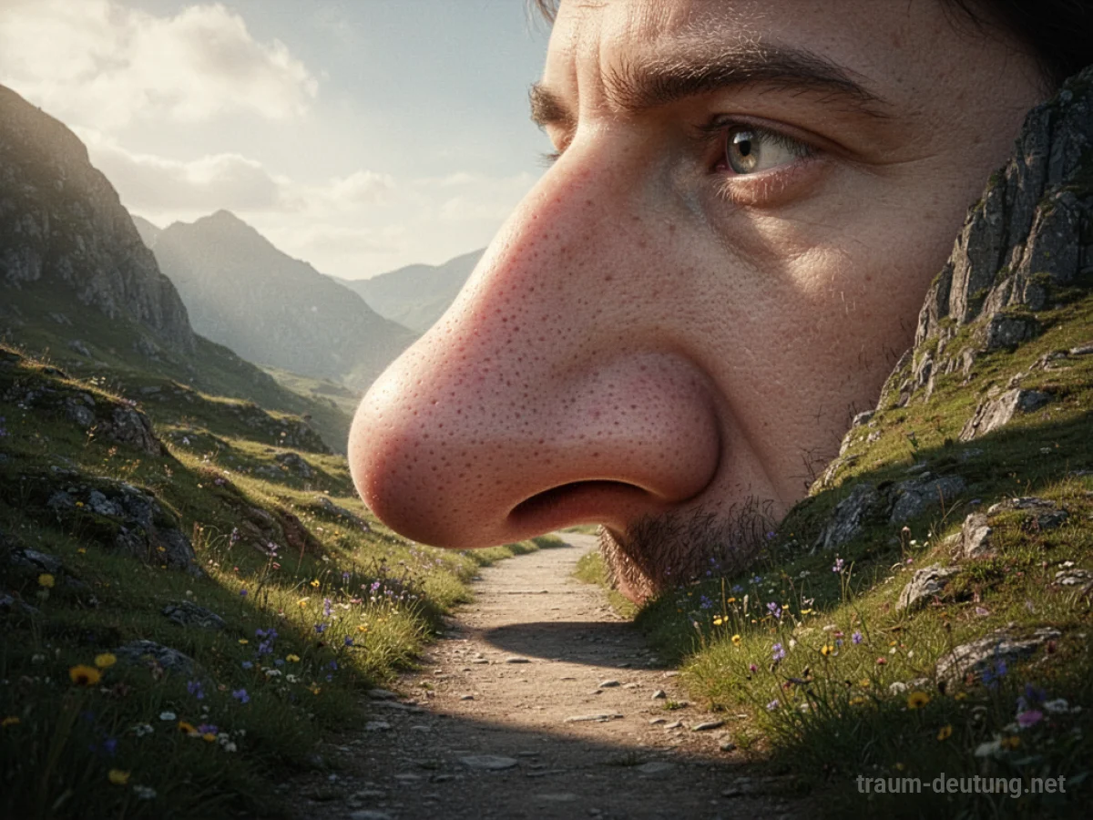 Eine riesige menschliche Nase versperrt einen schmalen Weg in einer surrealen Landschaft.