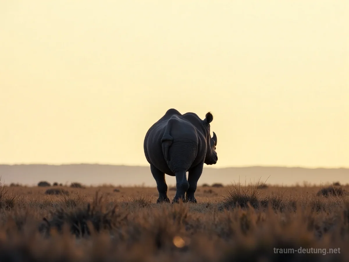 Schwarzes Nashorn steht allein auf einer Savanne unter einem blassen Himmel.