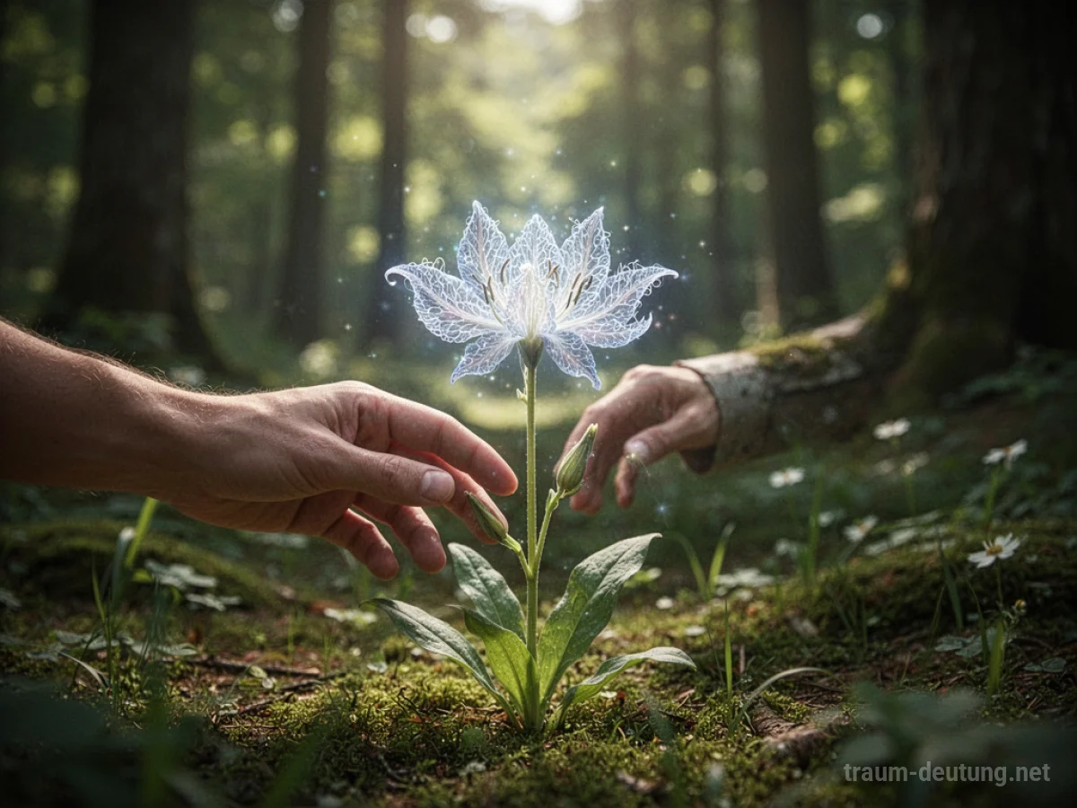 Hand erreicht eine leuchtende, seltene Pflanze in einem sonnigen Wald