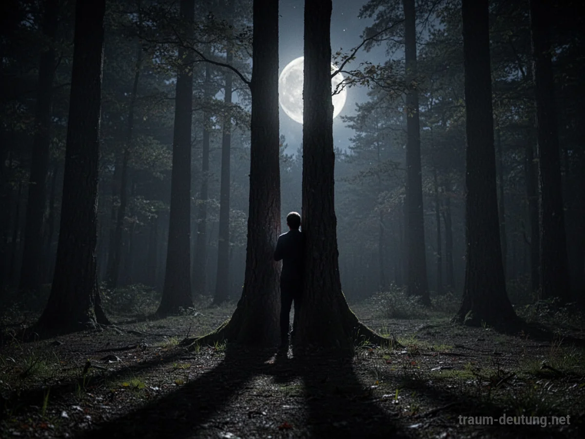 Eine Person versteckt sich nachts im Schatten eines Baumes im Wald.