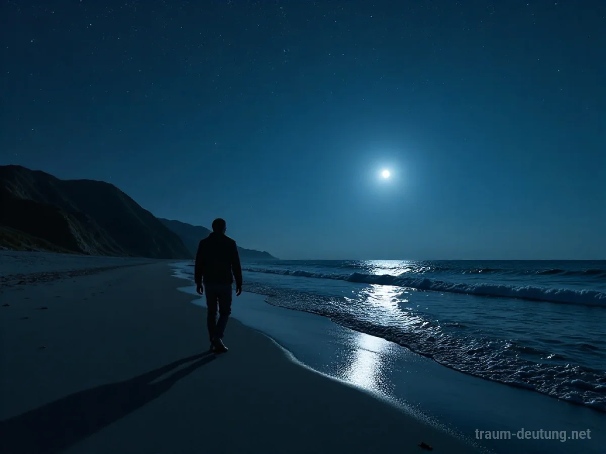 Eine Person geht nachts am einsamen Strand spazieren unter einem Sternenhimmel.
