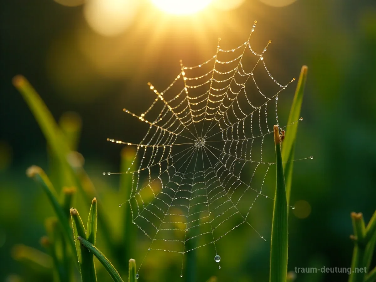 Ein feines Spinnennetz im Morgentau, das Licht einfängt.