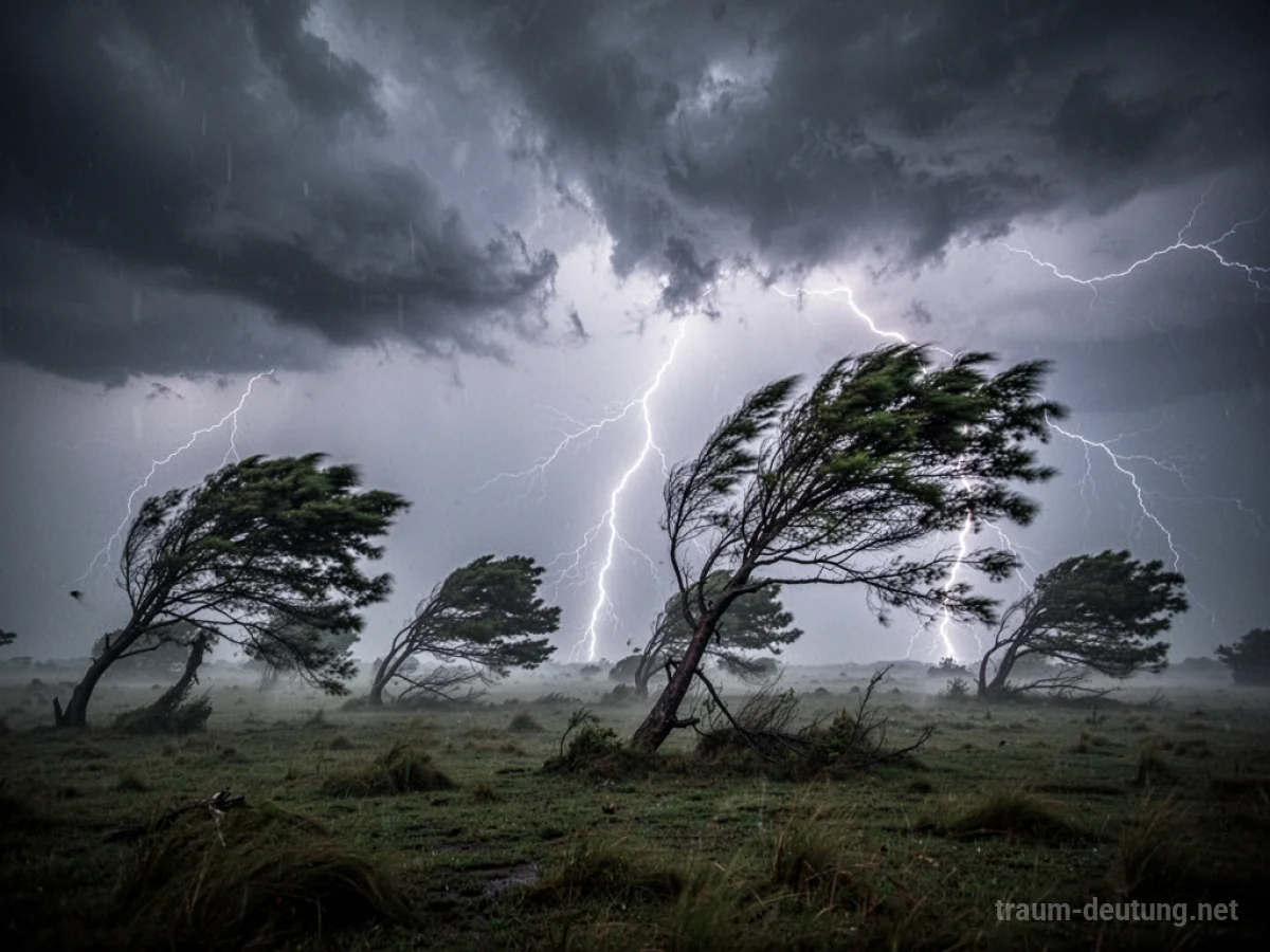Dramatische Naturlandschaft während eines heftigen Sturms mit dunklen Wolken und Blitz.