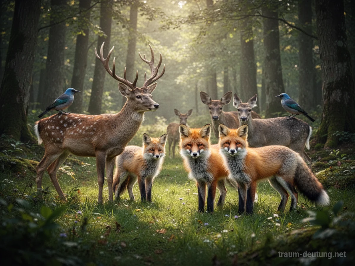 Diverse wilde Tiere wie Hirsch, Fuchs und Vogel friedlich in einem sonnigen Wald.