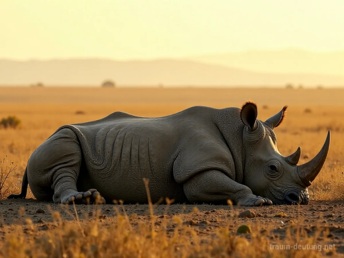 Ein totes Nashorn liegt auf trockenem Savannengebiet unter einem weiten Himmel.