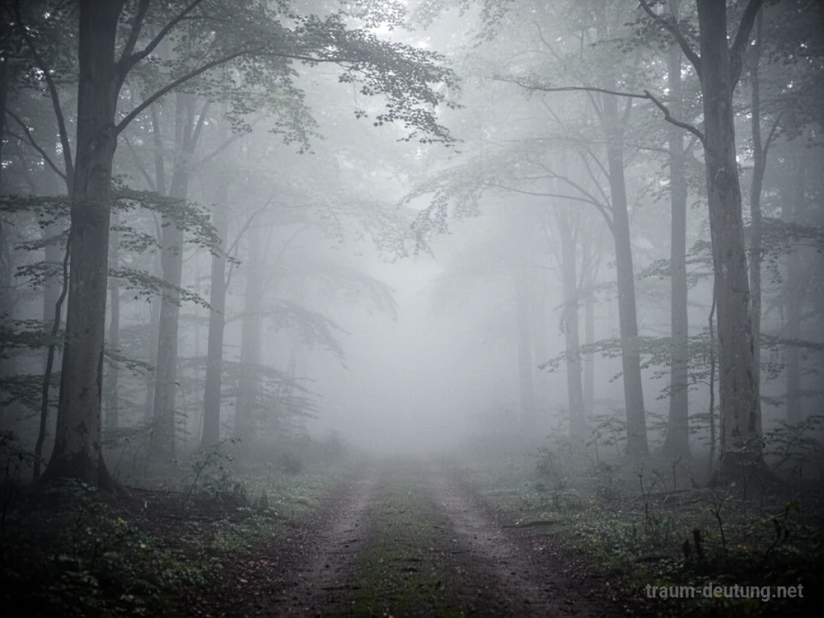 Dichter Nebel im Wald, der den Weg verschleiert