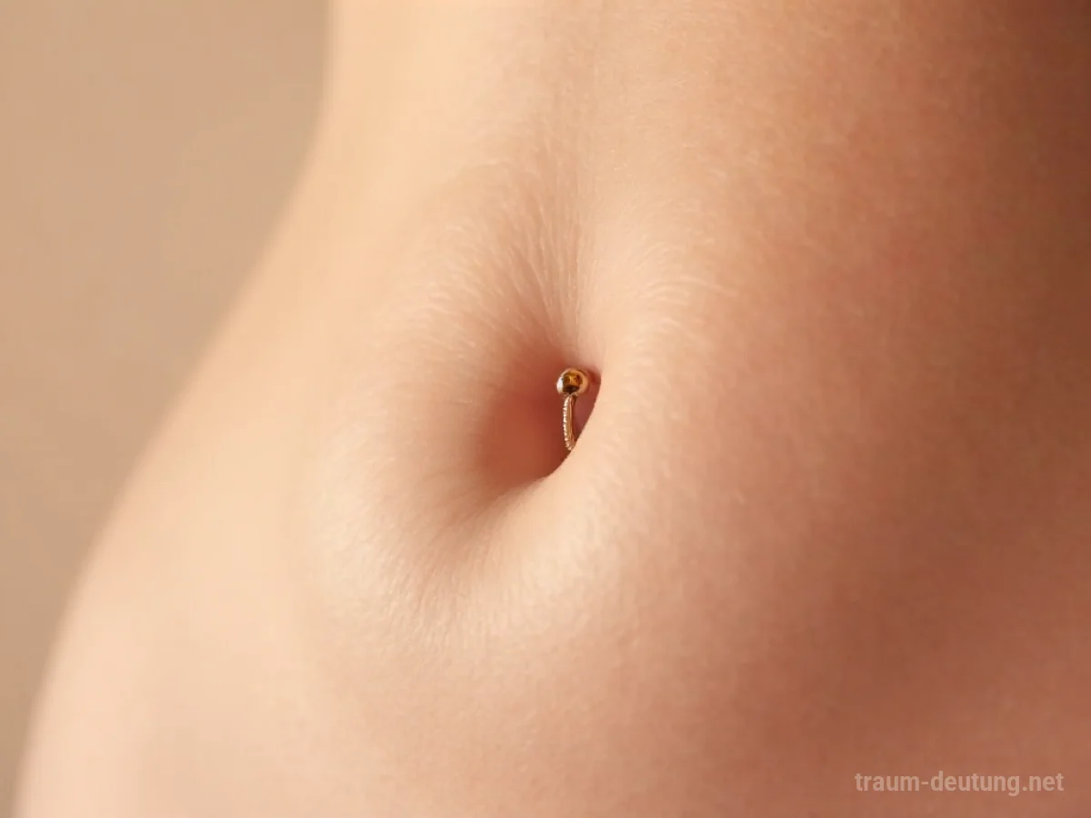 Ein Nabel mit einem dezenten Piercing, leicht von oben gesehen.