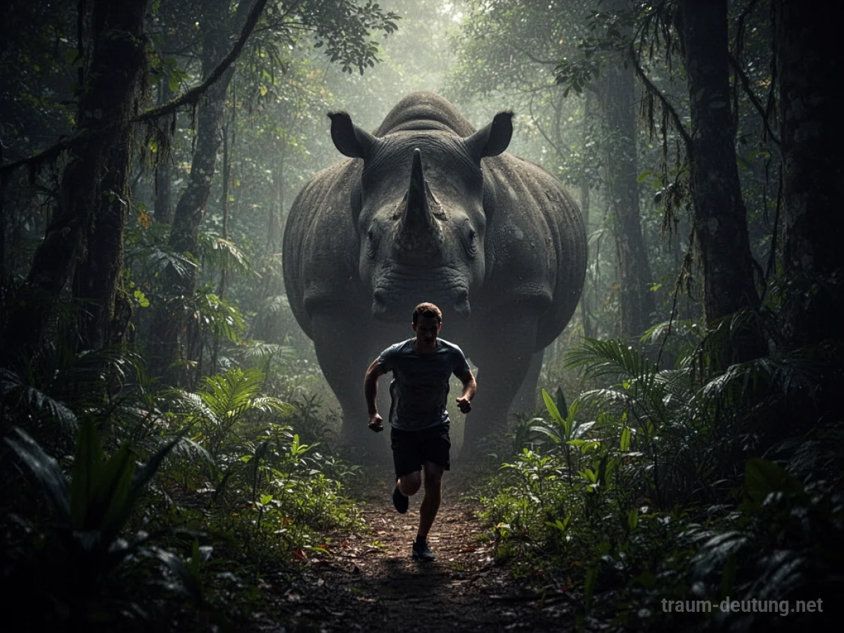 Eine Person rennt durch einen dichten Dschungel, ein Nashorn ist in der Ferne zu sehen.