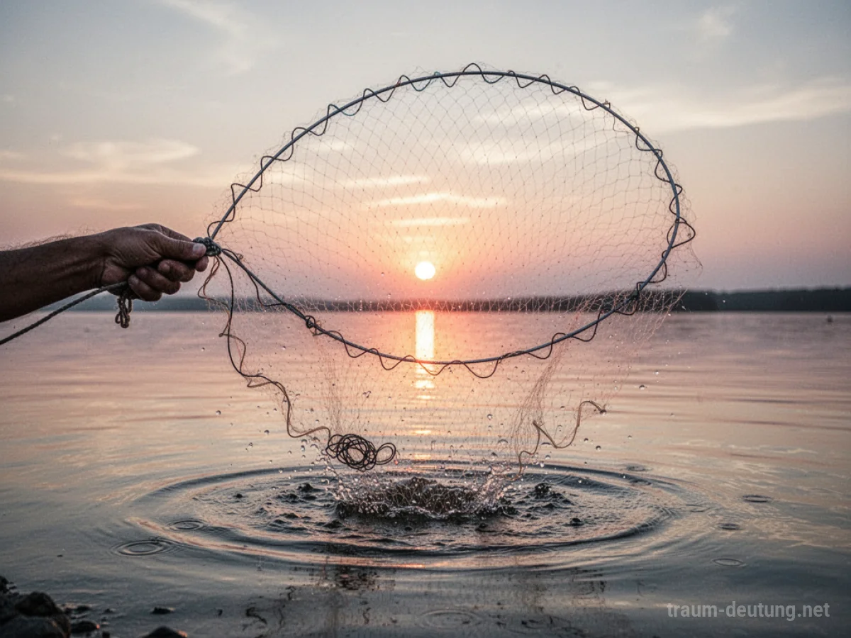 Hand wirft ein Fischernetz in ruhiges Wasser