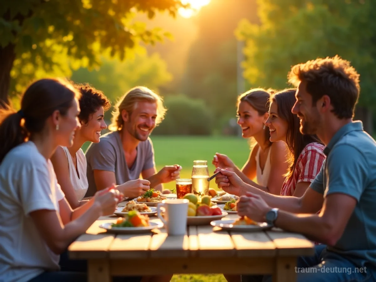 Freunde teilen gemeinsam eine Mahlzeit im Freien bei Sonnenschein.