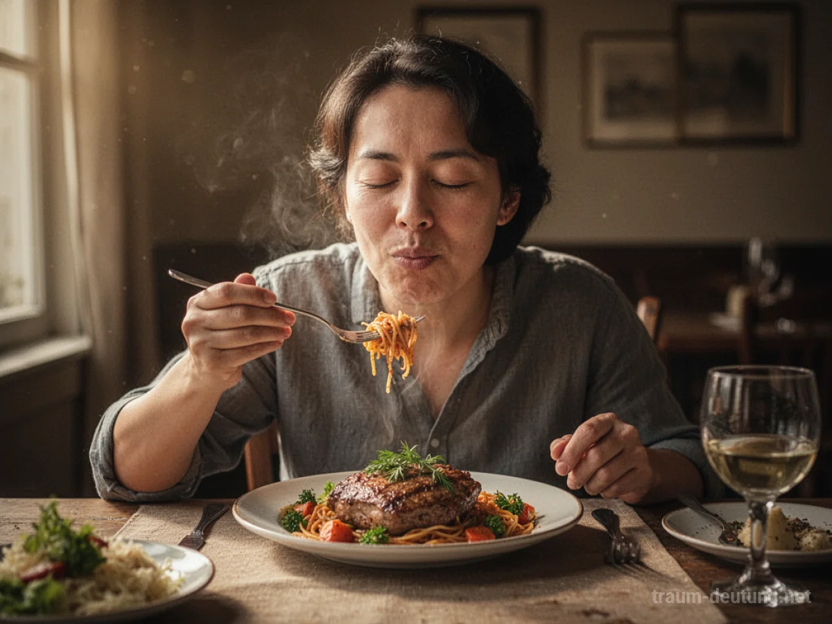 Genussvolle Person isst köstliches Essen am Tisch
