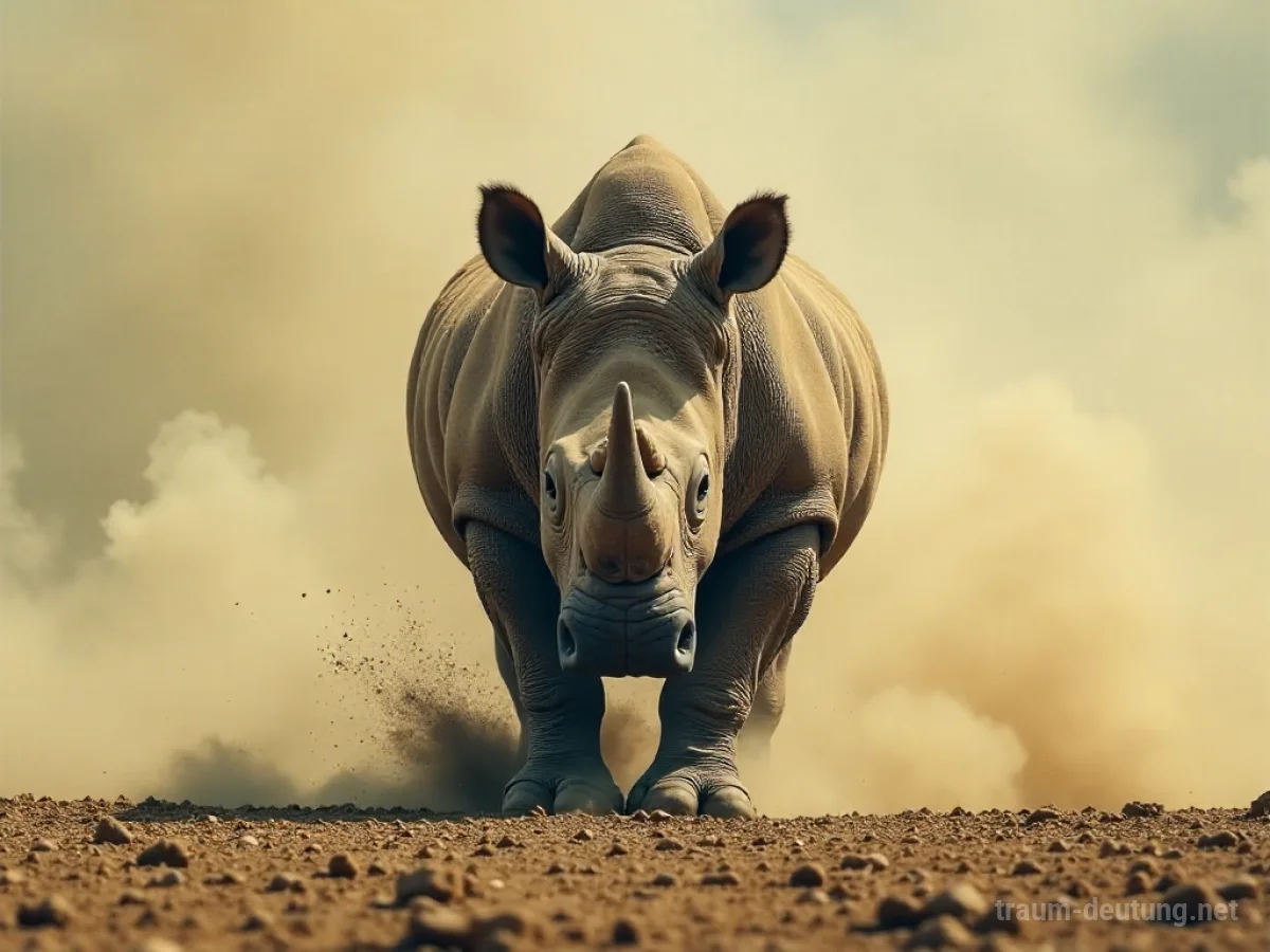 Ein Nashorn kämpft in einer staubigen Arena, es wird von inneren Turbulenzen umgeben.