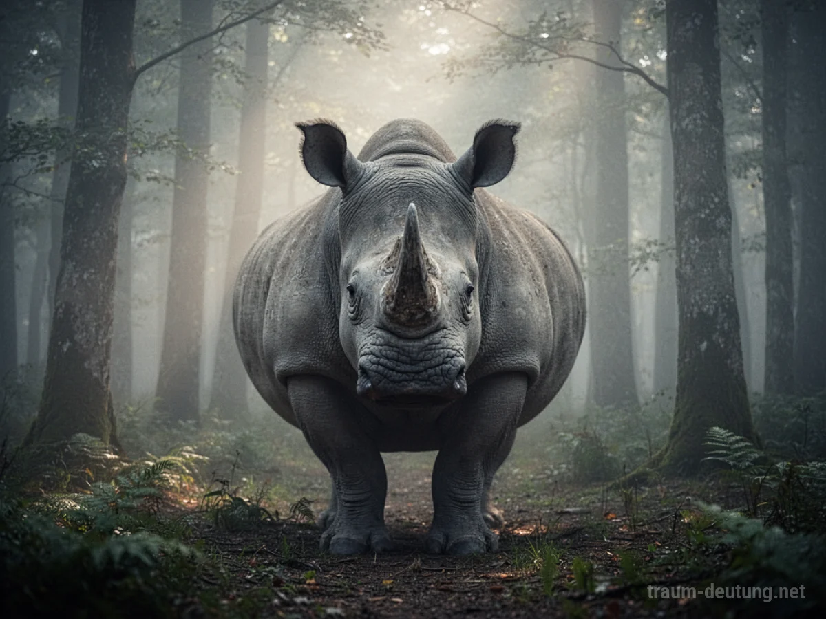 Ein Nashorn steht in einem nebligen Wald und blickt den Betrachter an.