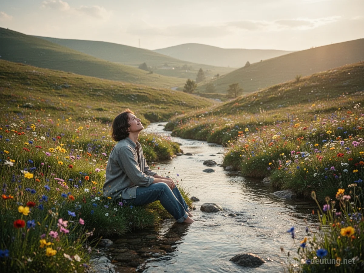 Eine Person sitzt friedlich in einer sonnendurchfluteten Naturlandschaft am Ufer eines Baches.
