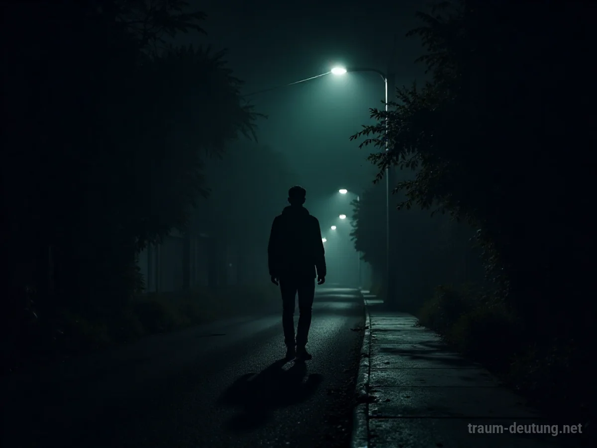Silhouette einer Person, die nachts auf einer dunklen Straße nach jemandem sucht.