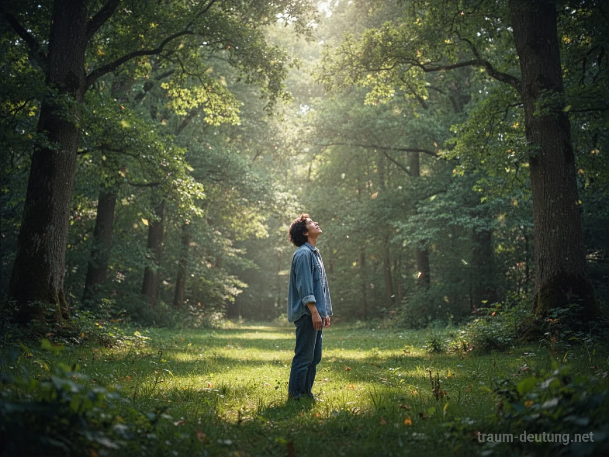 Person steht plötzlich in einer friedlichen Waldlichtung, umgeben von grünen Bäumen und Sonnenlicht.