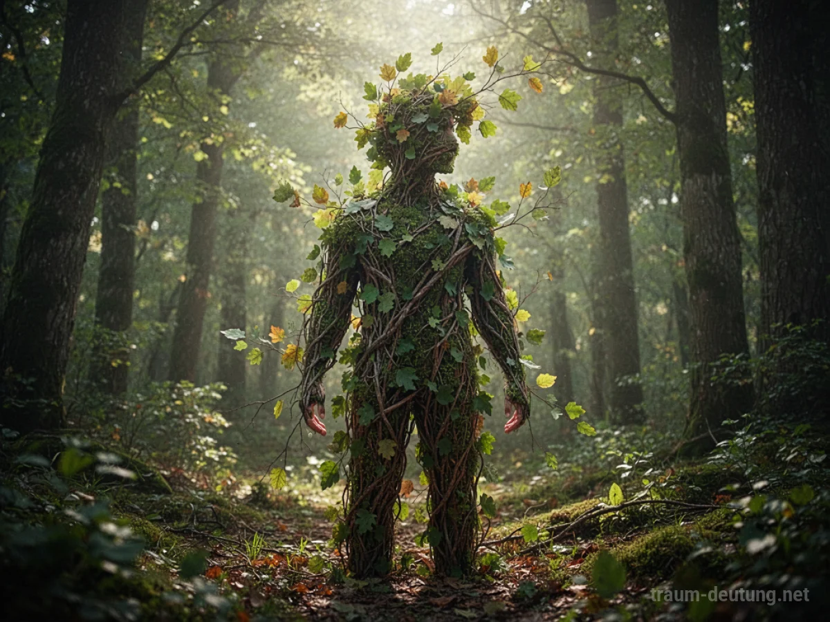 Eine Person verschmilzt mit einem Wald, Blätter und Äste verbinden sich mit der Silhouette.
