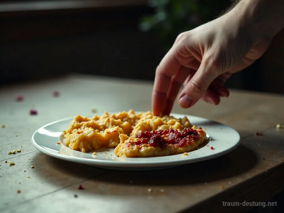 Ein Teller mit Essen, das teilweise verrottet ist, mit einer zögerlichen Hand davor.