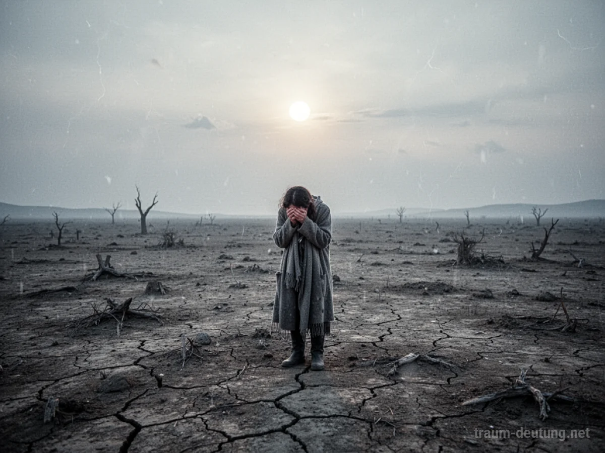 Eine einsame Person, die in einer kargen Landschaft friert und hungert